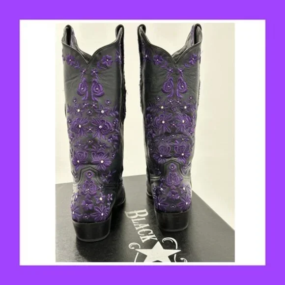 Black Star SWEETGRASS Women's Cowboy Boots in Black w Purple - Size 8.5 - Picture 6 of 13